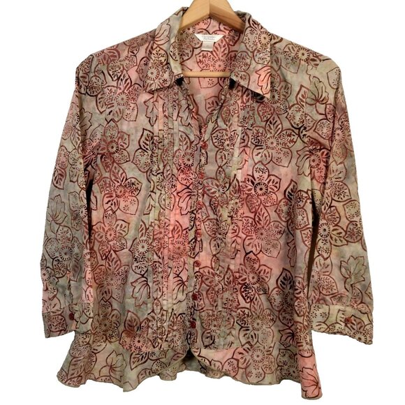 Christopher & Banks Blouse Shirt Medium Batik Floral Brown Pink Hippie Fairy - Picture 1 of 16
